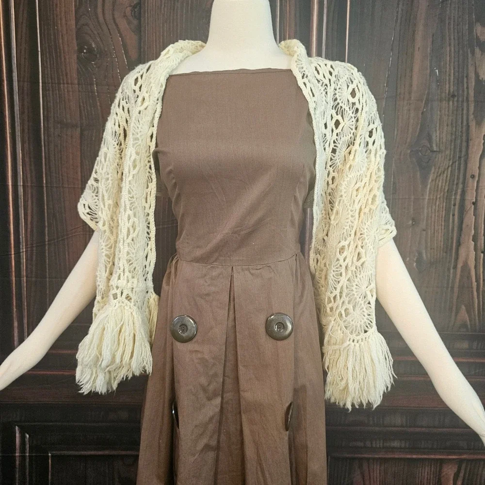 Vintage 1970s Crochet Fringe Shawl Wrap Cream Ivory Boho Handmade Lace Scarf